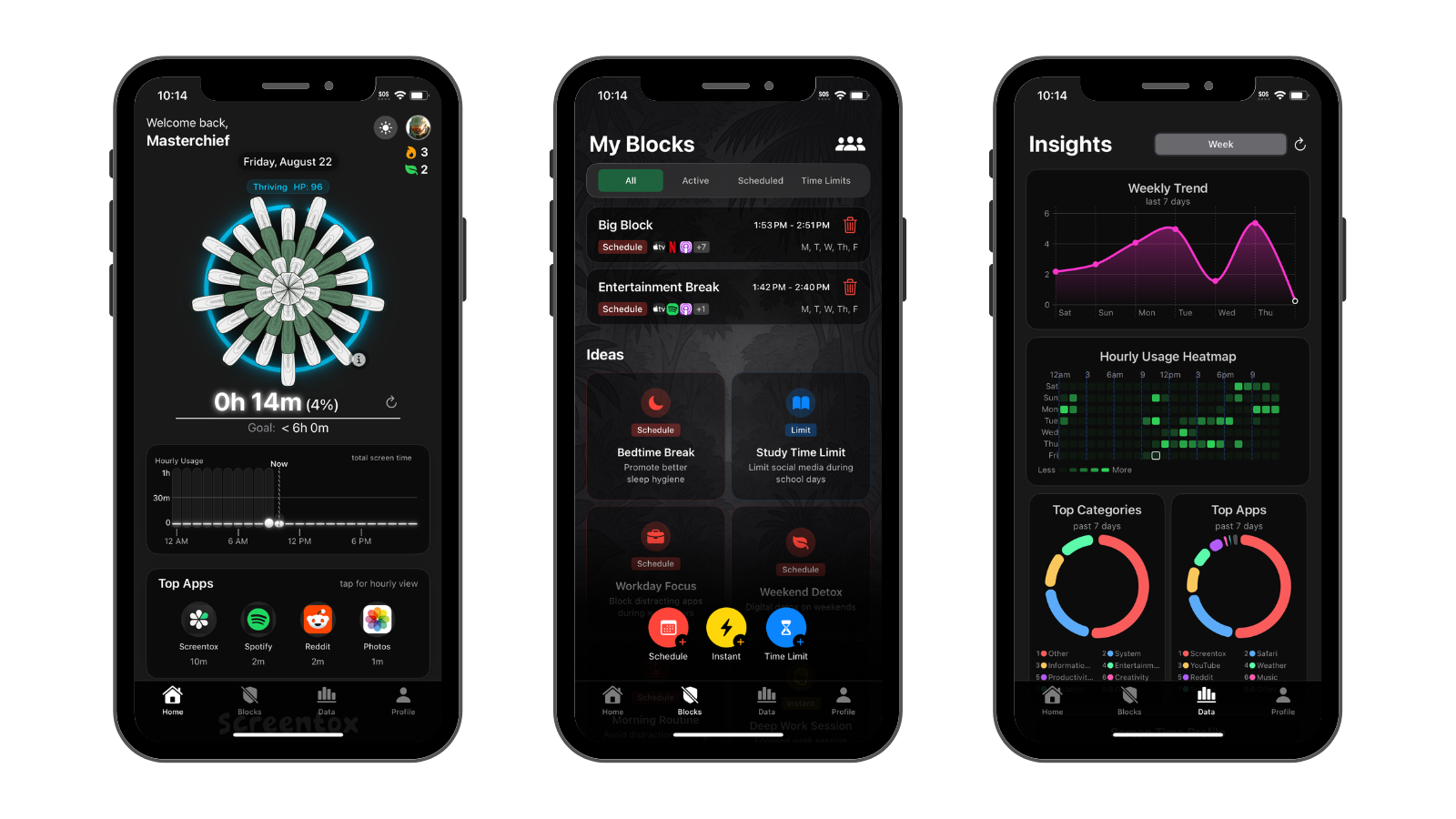 Screentox app interface showing succulent progress tracker, daily screen time limits, and app blocking features